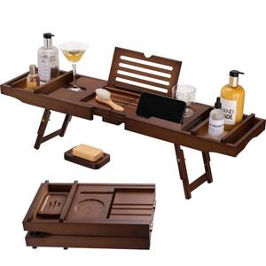 lot 1363 image: HBlife Foldable Bathtub Caddy Tray with Folding Slide-Out Arms - Expandable Bamboo Bath Table Tray with Book and Wine Glass Holder, Essential Bathroom Accessories for Home Spa