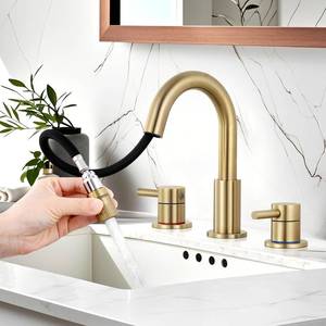 lot 1366 image: KZH Bathroom Faucet for Sink 3 Hole 8 inch Spread Brushed Gold with Pull Down Sprayer, Pull Out Sprayer Bathroom Sink Faucet with Pop Up Drain, Widespread Bathroom Faucet