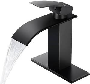 lot 1378 image: Qomolangma Black Waterfall Spout Bathroom Faucet, Single Handle Vanity Sink, Rv Lavatory Vessel Faucet Suitable for 1 or 3 Holes with 6 Inch Deck Plate and Hose Matte Black