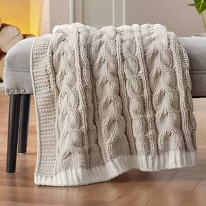 lot 1386 image: Bedsure Cable Knit Throw Blanket for Couch Bed - Chenille Chunky Knit Throw Blanket for Winter and All Seasons, Soft Cozy and Warm, Beige, 50x60 Inches