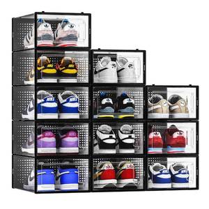 lot 1417 image: A 12 Pack Shoe Storage Bins, Clear Plastic Stackable Shoe Organizer for Closet, Space Saving Foldable Shoe Rack, Shoe Box Sneaker Holder Container, Black Frame