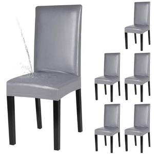 lot 1420 image: YISUN Dining Chair Covers, Solid Pu Leather Waterproof and Oilproof Stretch Dining Chair Protector Cover Slipcover (Pure Grey, 6 Pack)