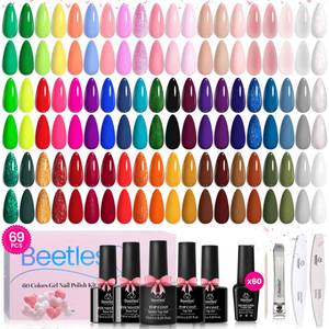 lot 1432 image: Beetles Gel Nail Polish Set, 69 PCS 60 Colors Spring Gel Nail Polish Kit Neon Pastel Jelly Glitter Nude Pink White Red Blue Green Brown Base Coat Glossy Matte Top Coat Gel Valentines Gift for Women