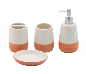 lot 1434 image: Orange Bathroom accesory Set 4pc,Coral Toothbrush Holder Terracotta Color soap Dispenser soap Dish Tumbler Cup for Bathroom Decor and Gift countertop Decor(Orange)