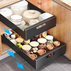 lot 1438 image: Likiyol 2 Packs Pull Out Drawers for Cabinets, Slide Out Drawers for Kitchen Cabinets Adhesive Pull Out Cabinet Organizer, Cabinet Pull Out Shelves for Kitchen, Pantry, 16.9inD x 10inW x 3.1inH, Black