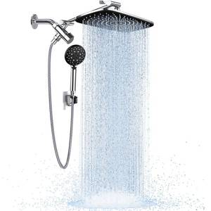 lot 1441 image: Veken High Pressure Rain Shower Head Combo with Extension Arm- Wide Showerhead with 6 Handheld Water Spray - Adjustable Dual Shower with Anti-Clog Nozzles - Silver Chrome - Retail $124.02