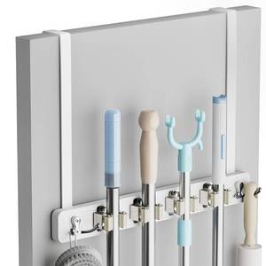 lot 2035 image: Lorbro Broom Holder Door Mount, Over the Door Broom and Mop Holder with 2 Over Door Hooks, Wood Broom Hanger, Tool Rack Organizer for Laundry, Garage, Closet, Kitchen Decor, 4 Slots and 4 Hooks Rustic