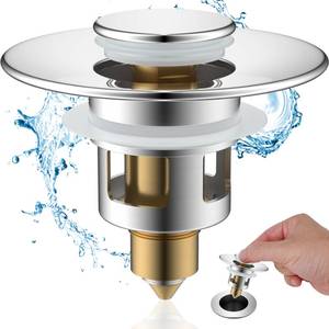 lot 2041 image: Hibbent All Metal Universal Bathroom Sink Stopper for 1.12.3 Basin Pop Up Sink Drain Strainer, Brass Bullet Core Push Type Sink Stopper, Stainless Steel Anti Clogging Drain Filter, Chrome