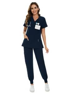 lot 2045 image: COZYFIT Scrubs for Women Set - Stretch V-Neck Scrub Top and Jogger Pant with 8 Pockets, Yoga Waistband, Anti Wrinkle, Slim Fit Women Scrubs - Navy Blue, L