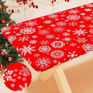 lot 2085 image: Smiry Plastic Christmas Tablecloth, Snowflake Waterproof Elastic Fitted Table Covers, Wipeable Flannel Backed Vinyl Tablecloths for Christmas Dinner, and New Year Celebration (Red, 30x72 Inches)