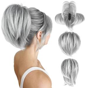 lot 2113 image: HOOJIH Ponytail Extension, Claw Clip in Ponytail Straight Messy Hair Bun 9 Inch Short Ponytail with Bendable Metal Wire Hair Pieces for Women Fake Hair Bun - Ombre Gray with Platinum Gray Tails