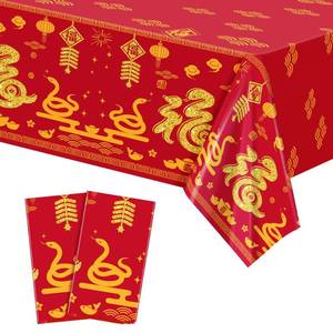 lot 2162 image: Fovths 2 Pieces 2025 Chinese New Year Plastic Tablecloth Chinese Spring Festival Waterproof Tablecover 54 x 108 Inch Red Tablecloth for 2025 Year of The Snake Party Supplies