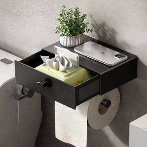 lot 2168 image: VOLDRA Toilet Paper Holder with Shelf Black Wipes Dispenser for Bathroom Toilet Paper Holder with Storage Upgrade Drawer Design Toilet Tissue Holder Adhesive Small Bathroom Shelf Wall Mount