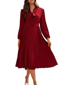 lot 2207 image: Womens Flowy Solid Color Lantern Sleeve Pleated V Neck Midi Dress Smocked Waist Bussiness Work Dress Wine Red, Size 10