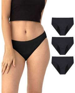 lot 10253 image: Neione Period Underwear Menstrual Panties Comfortable Modal Bikini Cheeky Hi-Cut Briefs for Women Postpartum Undies 3 Pack Black M