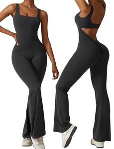 lot 10256 image: OEAK Womens Scrunch Butt Jumpsuits Flare Backless Romper Tummy Control Unitard Square Neck Outfits One Piece Cutout Bodysuits Black M