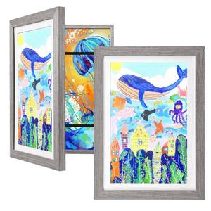 lot 10269 image: KINLINK A4 Kids Art Frames Set of 2, Solid Wood Kids Artwork Frames Changeable with Acrylic Front Opening Holds 150 Pictures 8.3x11.7, Art Frames for Kids Artwork with Mat or without Mat, Grey