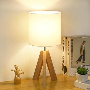 lot 10313 image: Small Beside Table Lamp, Wood Tripod Table Lamp with White Fabric Shade, Cute Boho Nightstand Lamp, Minimalist Desk Lamp for Bedroom Living Room Nursery Kids Room Office Dorm, Bulb Not Included