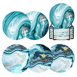 lot 10317 image: Coasters for Drinks with Holder,Marble Ocean Pattern Ceramic Absorbent Coasters with Cork Base,Prevent Table Scratched and Absorb Water Stains,Xmas Housewarming Gifts Pack of 6