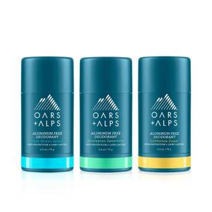 lot 10335 image: Oars  Alps Aluminum Free Deodorant for Men and Women, Dermatologist Tested and Made with Clean Ingredients, Travel Size, Variety, 3 Pack, 2.6 Oz Each