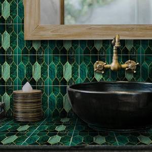 lot 10342 image: funlife 50Pcs Art Deco Peel and Stick Thick Kitchen Backsplash, Self Adhesive Wall Tile, Flat Glossy Stickers for Home Decor, Holographic Emerald 7.87inx7.87in - Retail $75.41