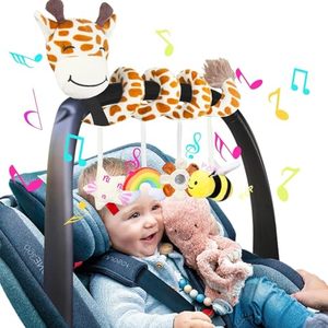 lot 10362 image: Stuffed Giraffe Spiral Car Seat Toys, 0-6 Months Stroller Activity Baby Infant Carseat Toys Hanging Including Bee Rattles Flower Mirror Rainbow Cloud Star Bibi, Babies Lover Gifts