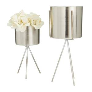 lot 10375 image: CosmoLiving by Cosmopolitan Metal Indoor Outdoor Planter Small Small Planter Pot with Removable Stand, Set of 2 Planters 5in, 4inW, Silver