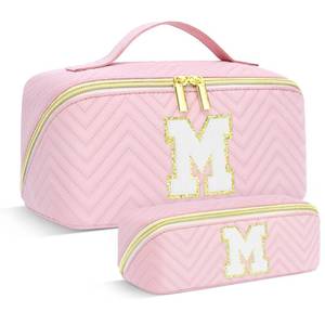 lot 10378 image: Travel Makeup Bag, Personalized Initial Preppy Makeup Bag Trendy Valentines Day and Birthday Gift for Teen GirlsWomen, PU Leather Waterproof Portable Skincare Cosmetic Bag, Toiletries Makeup Bag