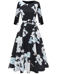 lot 10379 image: DRESSTELLS Vintage Women Cocktail Dress, Floral Wedding Guest Dresses for Bridesmaid, 50s Fit Flare Aline 34 Sleeve, Casual Formal Tea Party Prom Evening, 2025 Spring, Black Blue White Flower 2XL
