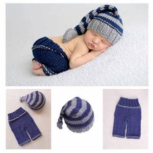 lot 10389 image: Newborn Baby Photo Shoot Props Girl Boy Crochet Knit Hat Costume Stripe Hat Pants Overalls Photography Props (Multicolor)