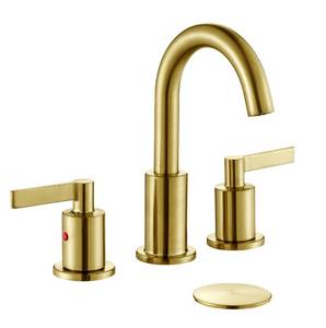 lot 10392 image: TimeArrow Brushed Gold 8 Inch Widespread Bathroom Sink Faucet for Sink 3 Hole with Pop-Up Drain, High Arc Modern Two Handle Bathroom Vanity Lavatory Faucet with Brass 360° Swivel Spout, TAF830C-PB