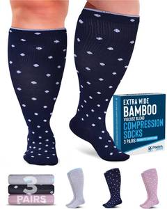 lot 10395 image: Doctors Select 3 Pairs Plus Size Compression Socks Wide Calf  Bamboo Viscose Knee High Socks for Circulation Support  Wide Calf Compression Socks  Pink, Navy, Light Grey (Polkadots)