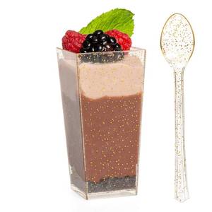 lot 10400 image: Ilyapa 3oz Plastic Dessert Cups - 100 Pack Mini Dessert Cups with Spoons - Clear Reusable Small Appetizer Cup for Cheesecake Shooters, Chocolate Mousse - Party and Catering Supplies - Square Gold