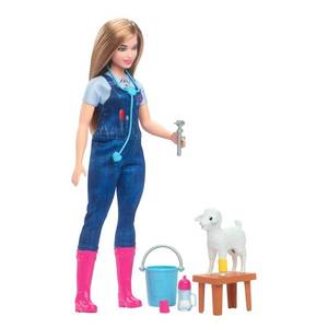 lot 10417 image: Barbie Careers Playset, 65th Anniversary Farm Veterinarian Set with Blonde Vet Fashion Doll and 10 Accessories Including Lamb with Moving Ears