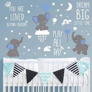 lot 10433 image: Dream Big Little One Elephant Wall Stickers Baby Room Wall Decals Moon Hot Air Balloon Grey Stars Wall Decals for Nursery Kids Room Living Room Bedroom Decorations Home Decor (Classic Style)