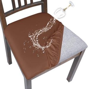 lot 10437 image: SearchI Waterproof Seat Covers for Dining Chairs, 4 Pack Stretch Removable Dining Room Chair Seat Covers, Kitchen Chair Seat Covers Protectors(Brown)
