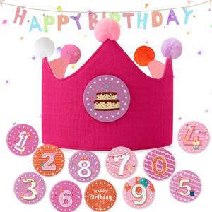 lot 10444 image: Ulibanner Reusable Birthday Crown, Numbers, Kids Birthday Hat, Fabric Crown, Toddler Boy Girl Baby Bday Hats (Pink  Light Pink1)