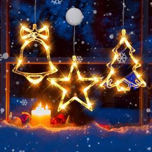 lot 10462 image: A 3Pcs Christmas Window Lights, Christmas Window Decorations Battery Powered Hanging Christmas Lights Christmas Tree and Jingle Bell and Star Shaped with Suction Cup for Xmas, New Year, Party,Indoor Decor