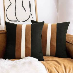 lot 10479 image: JASEN Set of 2 Faux Leather Pillow Cover 18x18, Black and White Decorative Throw Pillow Covers Brown Modern Stripe Accent Cushion Cover Couch Bed Sofa