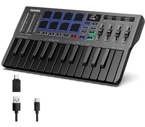 lot 10241 image: Donner DMK25 Pro MIDI Keyboard Controller, 25 Mini Key Portable USB-C MIDI Keyboard with 8 Drum Pads, OLED Display, Personalized Touch Bar, Music Production Software and 40 Teaching Courses Retail&nbsp$98.99