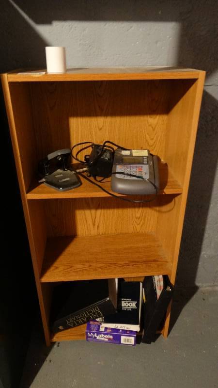 lot 966 image: Bookshelf w credit card machine & misc.