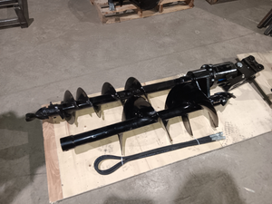lot 1379 image: Unused Mini Excavator Auger Bundle - Hydraulic Auger Attachment with 9in Diameter Bit and 12in Diameter Bit w Hydraulic Hose