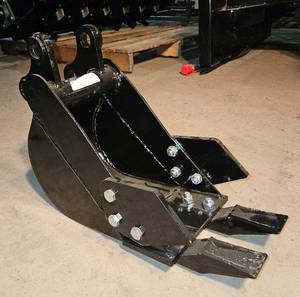 lot 1348 image: Unused-Industrial Strength 8 in200 mm Narrow Bucket w Two Hard Blades for Mini Excavator-Fits Most Models .98in Hole Diameter-Range of Excavation Settings, Including Demolition, Farms, Gardens, Landscaping, Tree Transplanting & Construction Sites.
