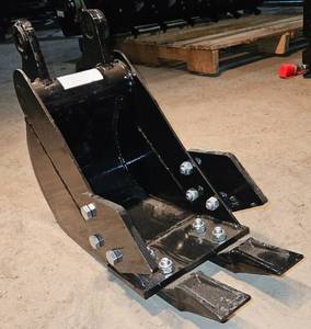 lot 1350 image: Unused-Industrial Strength 8 in200 mm Narrow Bucket w Two Hard Blades for Mini Excavator-Fits Most Models .98in Hole Diameter-Range of Excavation Settings, Including Demolition, Farms, Gardens, Landscaping, Tree Transplanting & Construction Sites.