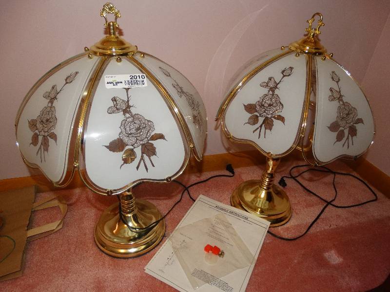 lot 2010 image: 2 Brass Lamps wGlass Panel Shades.