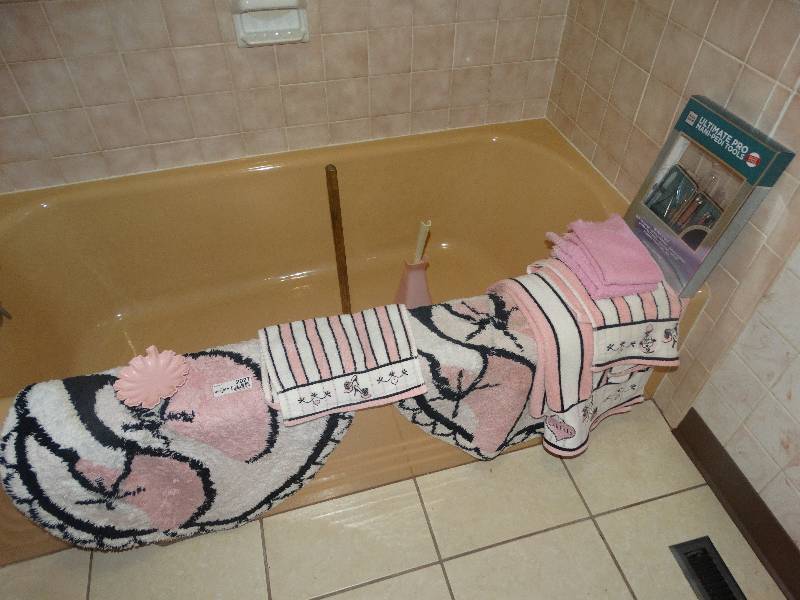 lot 2027 image: French Design Bath mats, Towels. Mani-Pedi tool set, Plunger & Stool Brush Set.