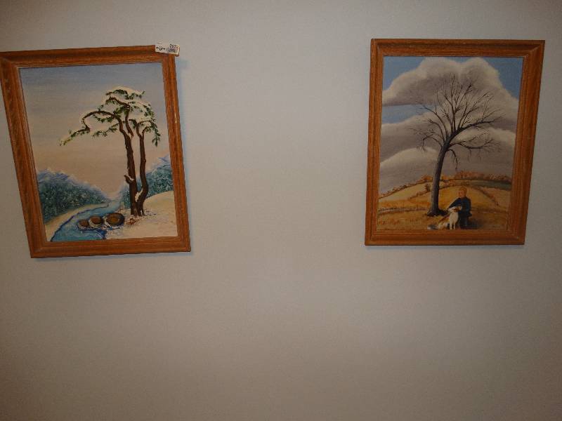 lot 2032 image: 2 Paintings in Oak Frames & Love Wall Art piece.