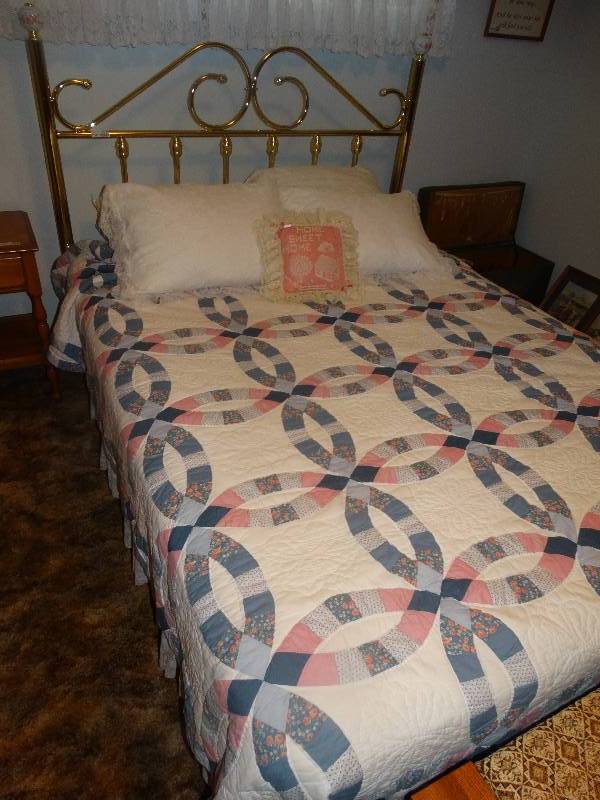 lot 2035 image: Queen size MattressBox Springs, Brass Headboard, Frame, and All Bedding pictured.