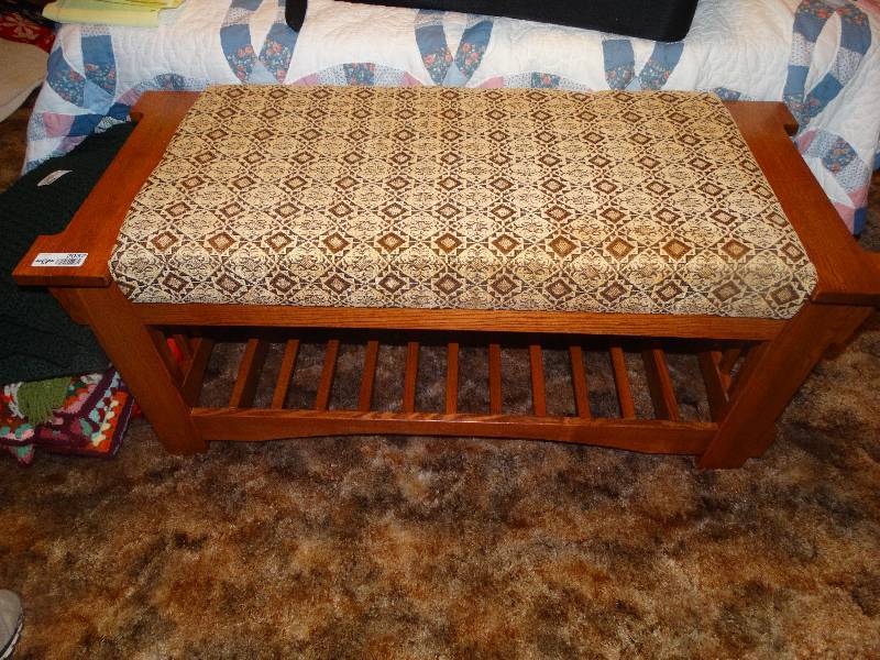 lot 2037 image: Oak Bench wUpholstered Seat.