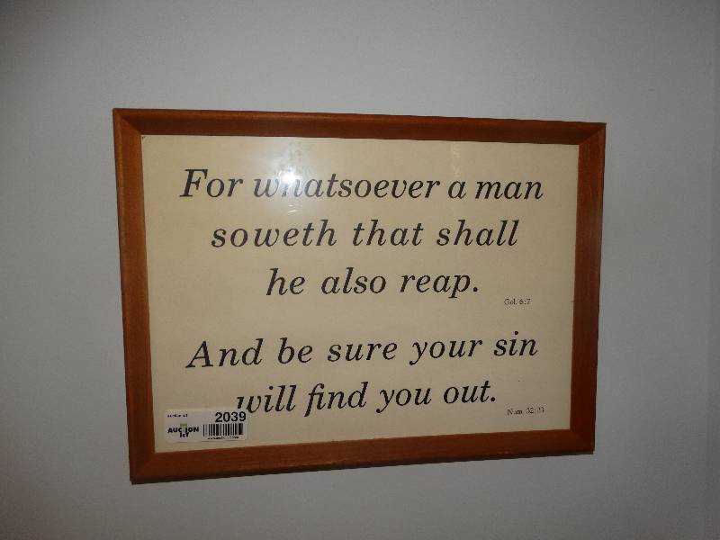 lot 2039 image: 2 MattedFramed Puppy prints, 2 Framed Bible Verses, and wall picture.